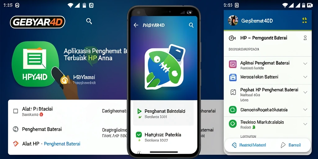 Tampilan antarmuka GEBYAR4D dengan informasi penghemat baterai.