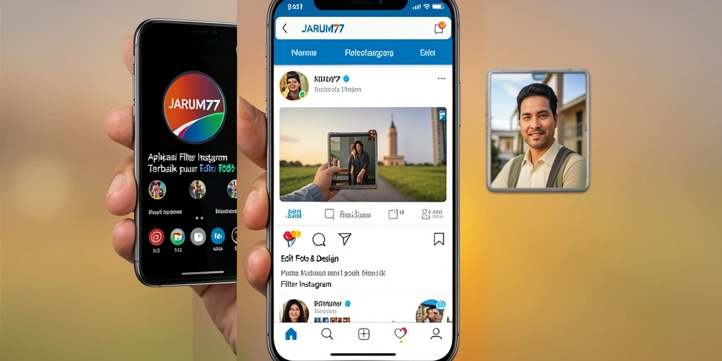 Antarmuka aplikasi JARUM77 dengan berbagai filter Instagram yang menarik.