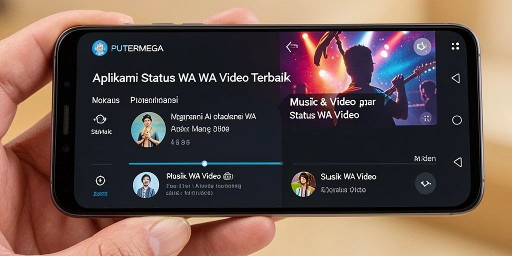 Antarmuka PUTERMEGA menampilkan berbagai pilihan video musik untuk status.